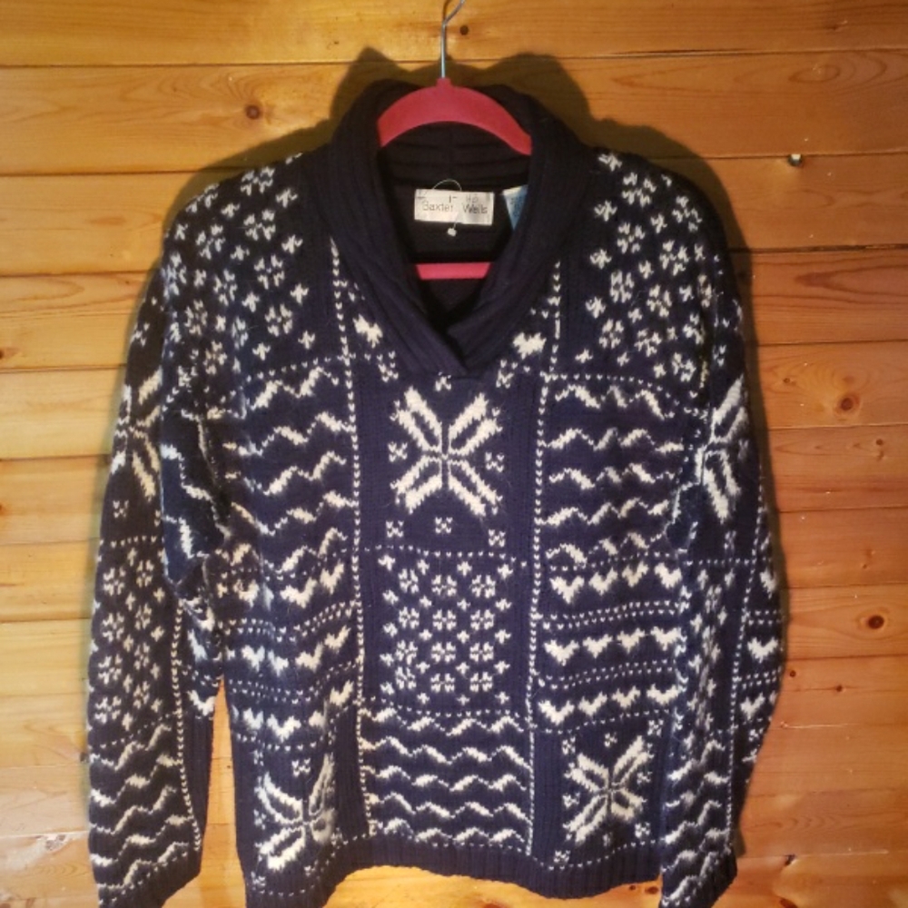 Vintage Baxter Wells Sweater M Blue Fair Isle Shawl Collar Mens